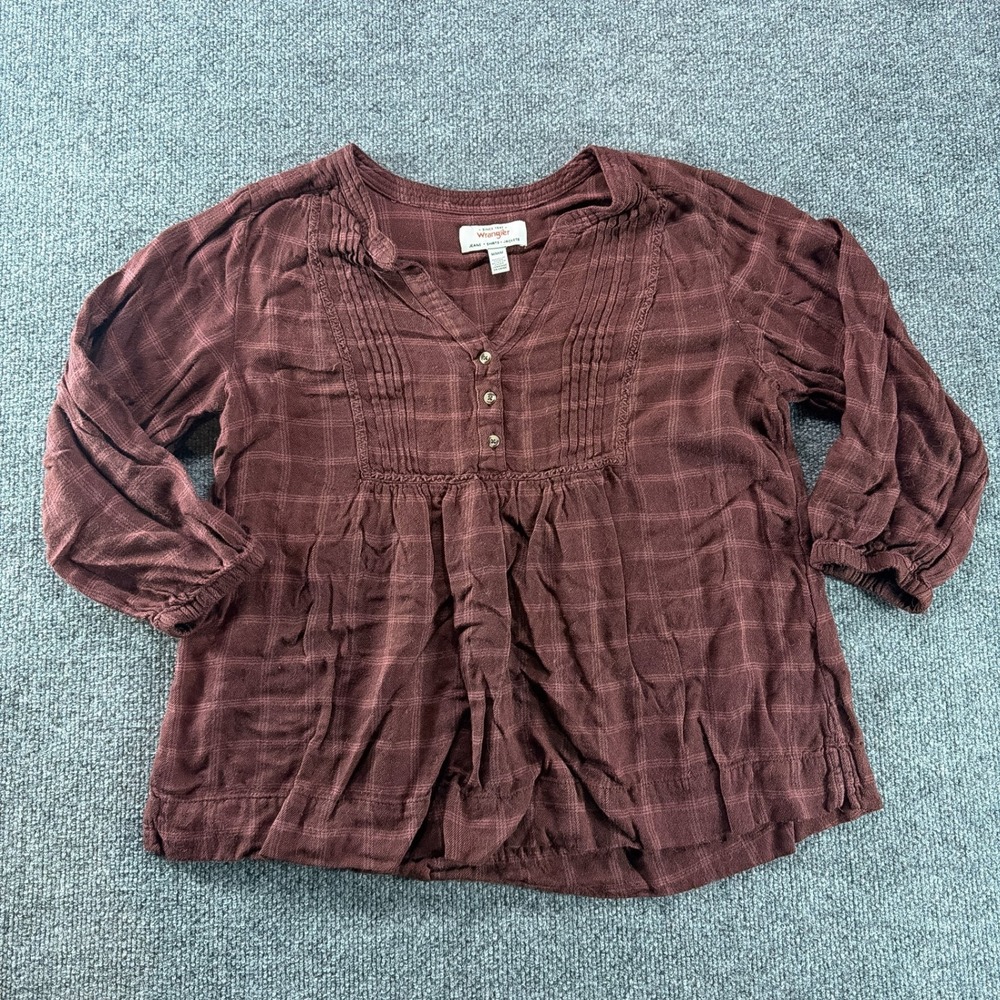 Wrangler Womens Burgundy Plaid Pintuck Peasant Blouse Boho Top M Maroon Western